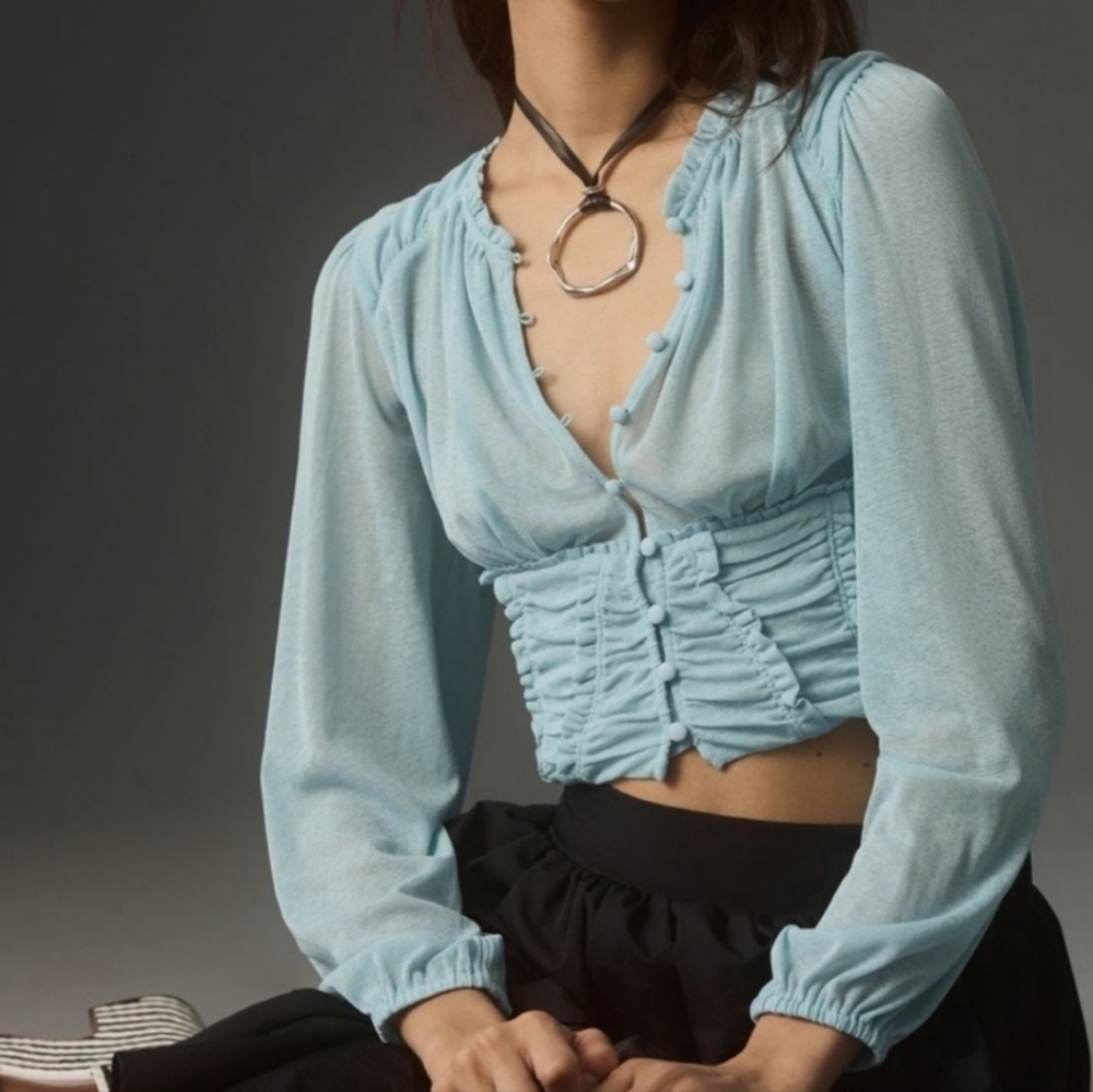 NWT Anthropologie  Light Blue Femme Blouse Cropped M